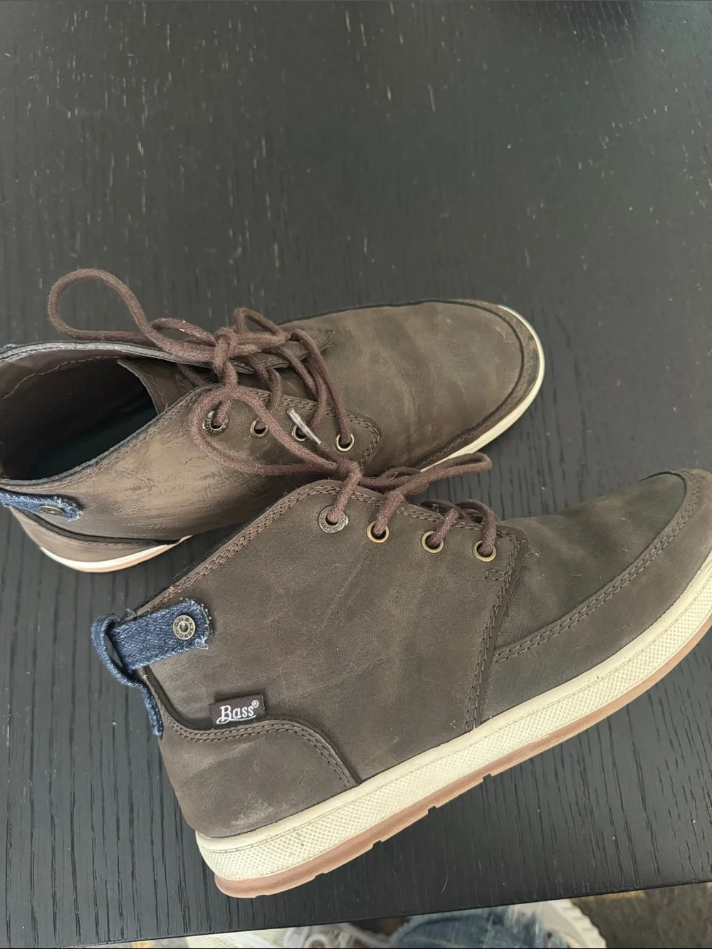 Bass brown faux suede denim trim lace up chukka boots. Size 8.5